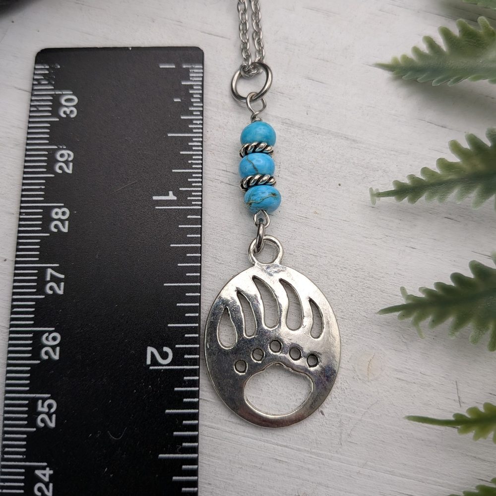 Silver Bear Paw Pendant Necklace with Turquoise Beads - Picture 6 of 6